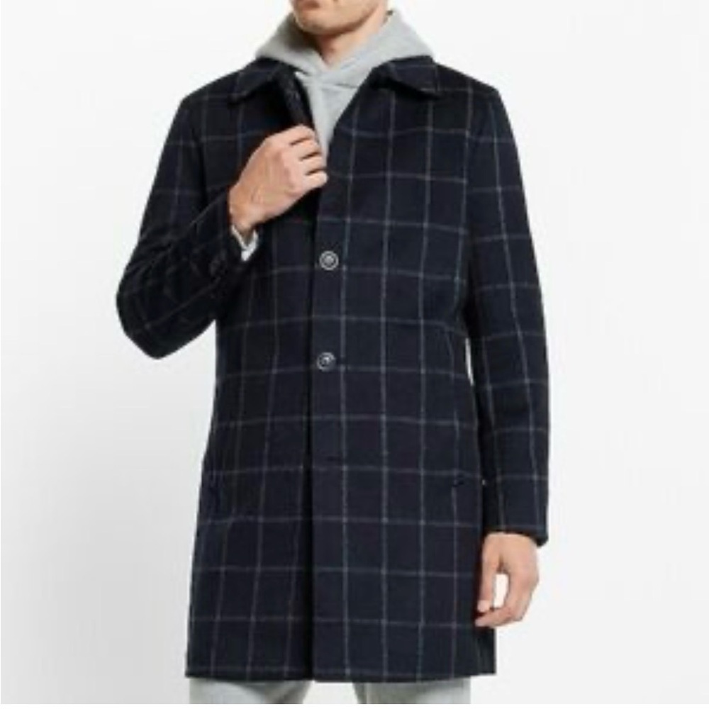 Express Men's Wool Blend Dark Blue Plaid TopCoat size Small